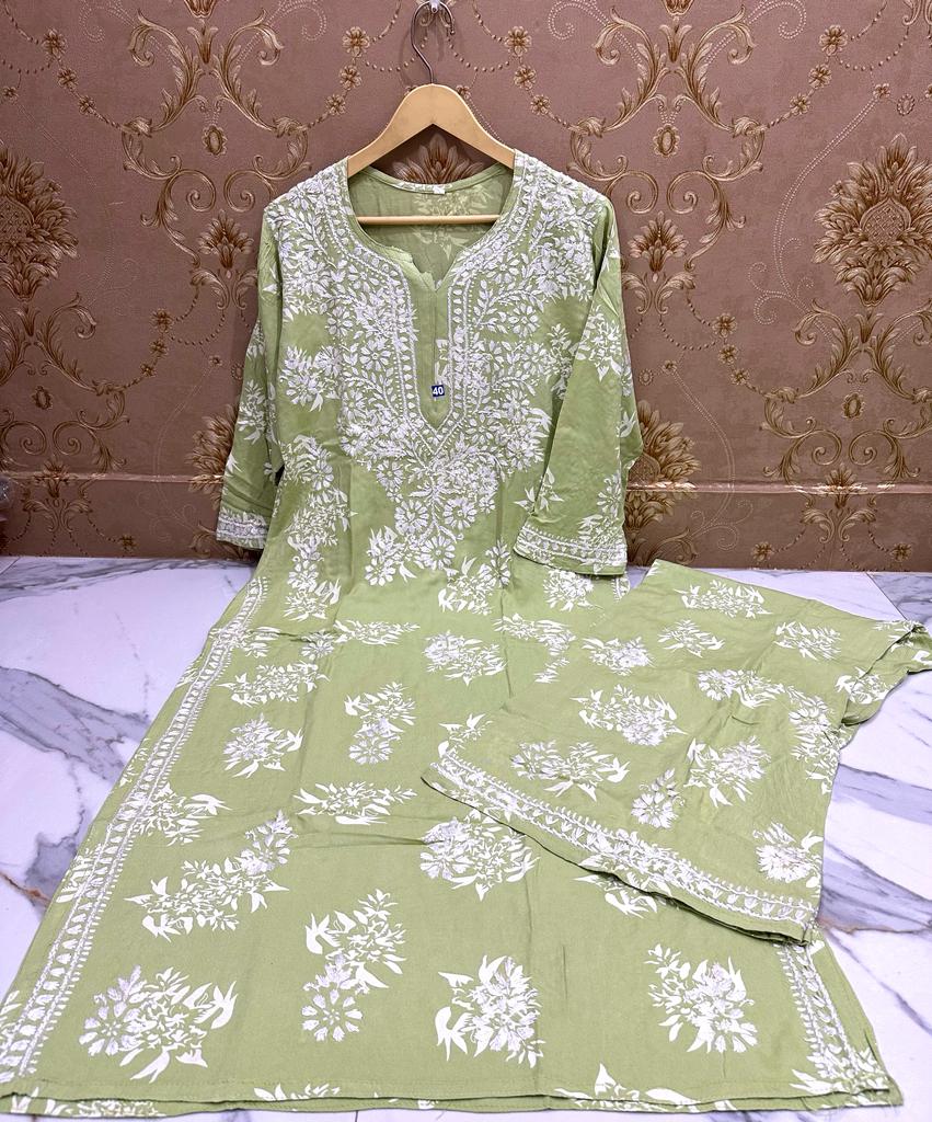 KT9 Modal Cotton Wholeale Lucknowi Kurtis With Palazzo 5 Pieces Catalog  Catalog